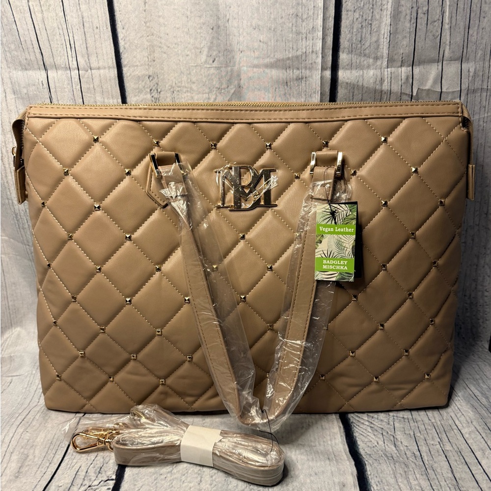 Badgley Mischka Tan Quilted Laptop Bag